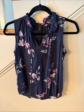 Ann Taylor Navy Floral Ruffle Trim Sleeveless Camisole